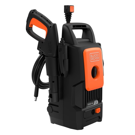 BLACK+DECKER BEPW1520 portable pressure washer, featuring a black and orange design, integrated handle, trigger gun, hose, and clearly labeled controls.