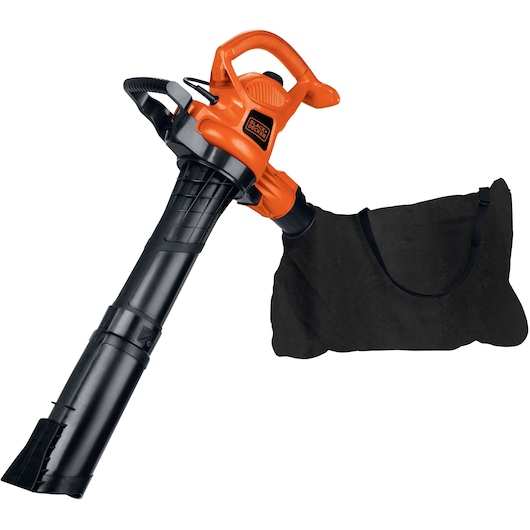 Photo of BLACKDECKER BV3600 orange and black leaf blower vacuum with attached collection bag, front angle.