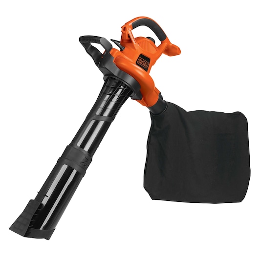 BLACKDECKER BV6000 leaf blower and vacuum with black collection bag, side angle on white background.