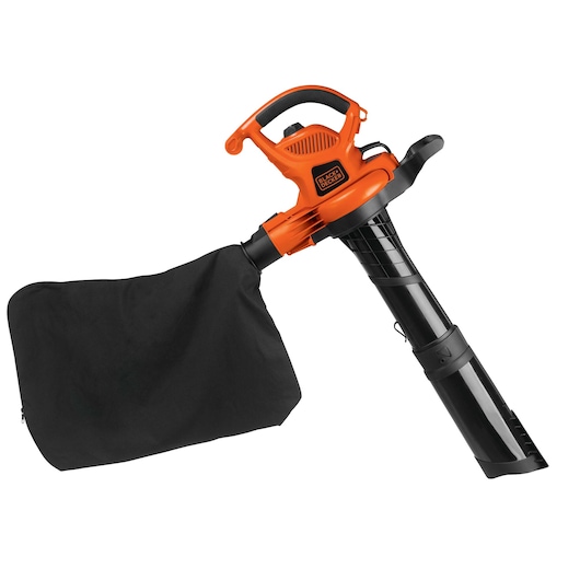 BLACKDECKER BV6000 orange and black leaf blower with collection bag, side angle, white background.