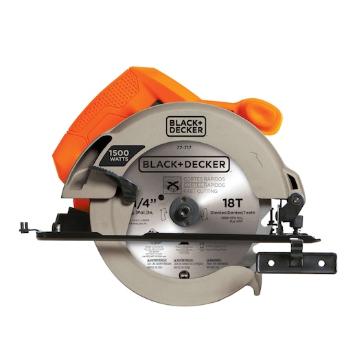 BLACK+DECKER CS1024 circular saw front angle, orange and silver body, 1500 watts, 18T blade.