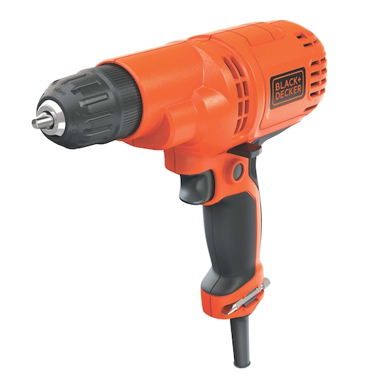 Photo of BLACK+DECKER DR260C corded electric drill, orange and black, side angle on white background.