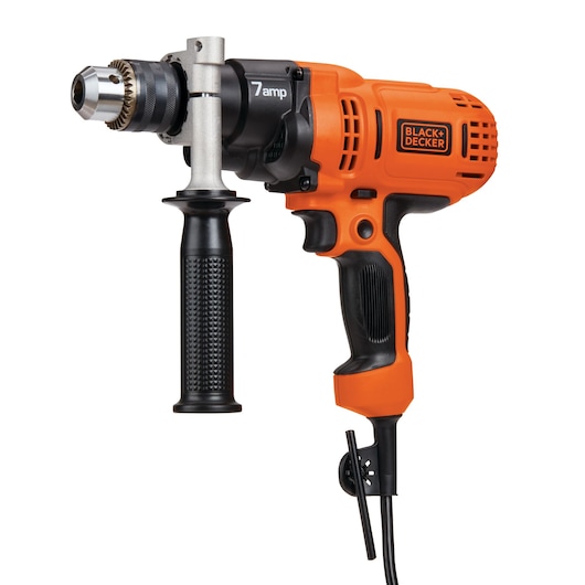 BLACKDECKER DR560 corded electric drill with side handle, orange and black, front angle, on white background.