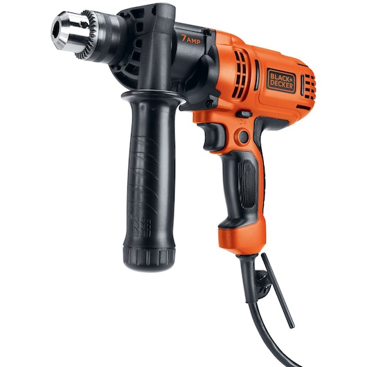 BLACKDECKER DR560 corded drill, orange and black, side angle, with auxiliary handle and key chuck.