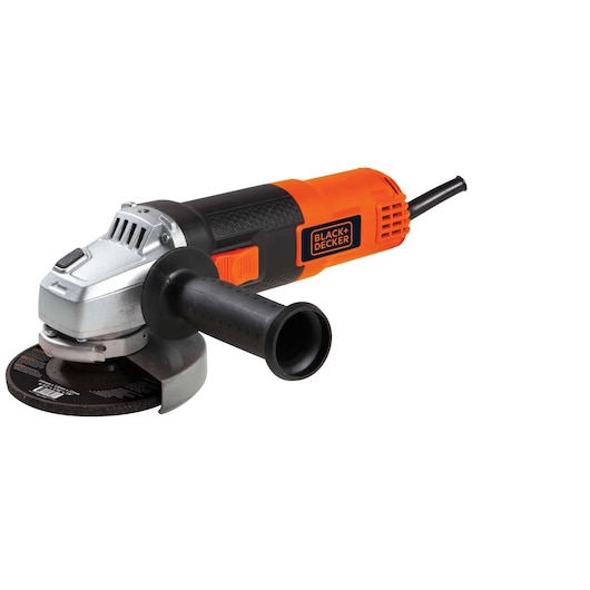 BLACK+DECKER G720K angle grinder, orange and black body, side handle, front angle on white background