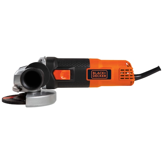 BLACK+DECKER G720K angle grinder, orange and black, side view on white background.