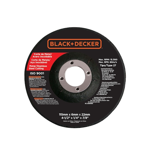 BLACK+DECKER G720 metal cutting disc, black with red label, round, front angle on white background.