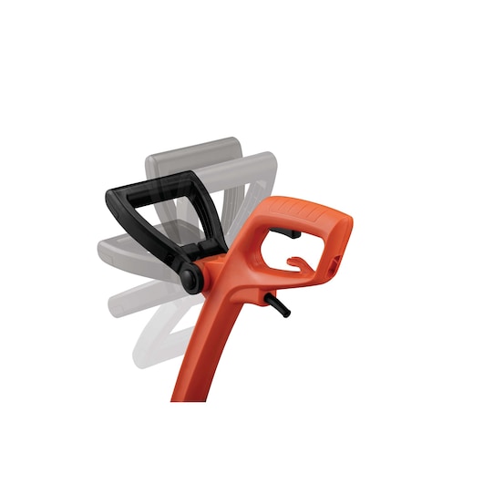 BLACKDECKER GL350 grass trimmer handle in orange with adjustable black auxiliary handle, front angle photo.