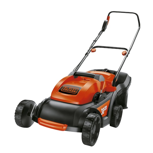 BLACKDECKER GR3800 lawn mower, black and orange, side angle on white background.