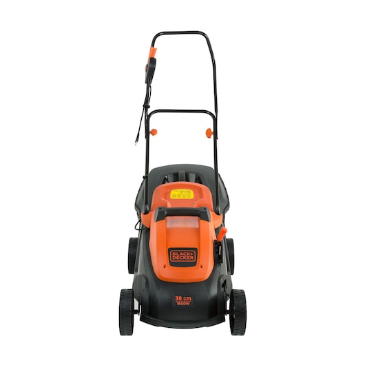 BLACKDECKER GR3800 orange and black lawn mower, front angle, white background, 38 cm cutting width.