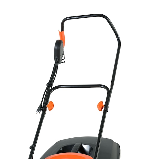 BLACKDECKER GR3800 lawn mower handle, close-up angle on white background showing black frame and orange accents.