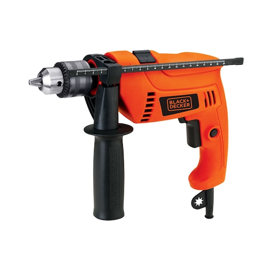 BLACKDECKER HD555 orange corded drill with side handle and depth gauge, front angle on white background.