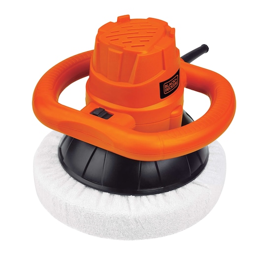 BLACKDECKER KP12K orange and black electric car polisher with white polishing pad, front angle.