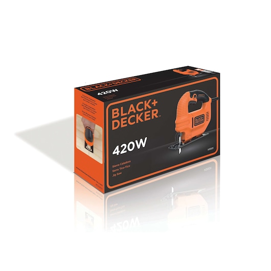 Photo of BLACKDECKER KS501 jigsaw packaging, orange and black box with product image and 420W label, front angle.