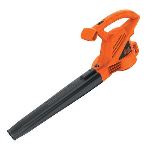 BLACKDECKER LB700 orange and black electric leaf blower, side angle, on white background.
