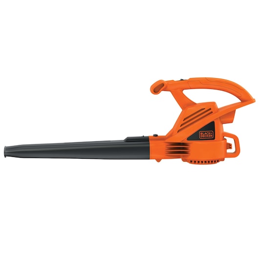 BLACK+DECKER LB700 orange and black leaf blower, side angle, ergonomic handle, photography on white background.