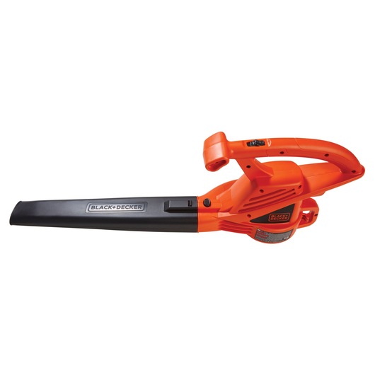 Photo of BLACKDECKER LB700 orange and black corded leaf blower, side view, with ergonomic handle and brand logo visible.