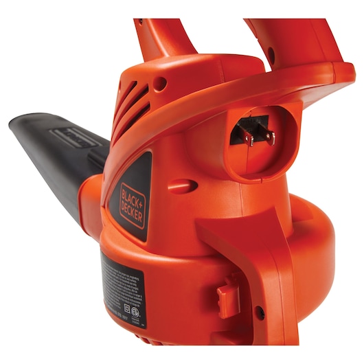BLACKDECKER LB700 electric leaf blower front angle, orange housing, visible cord connector.