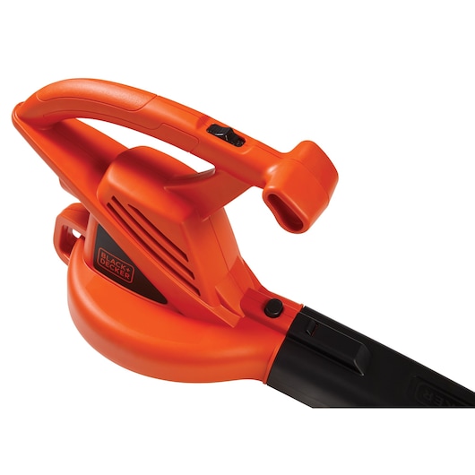 BLACKDECKER LB700 leaf blower top view with orange and black handle and control switch, white background.