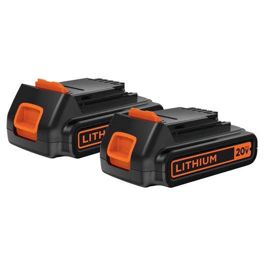 Photo of BLACKDECKER LBXR20-OPE2 20V lithium batteries, black with orange trim, set of two, angled view.