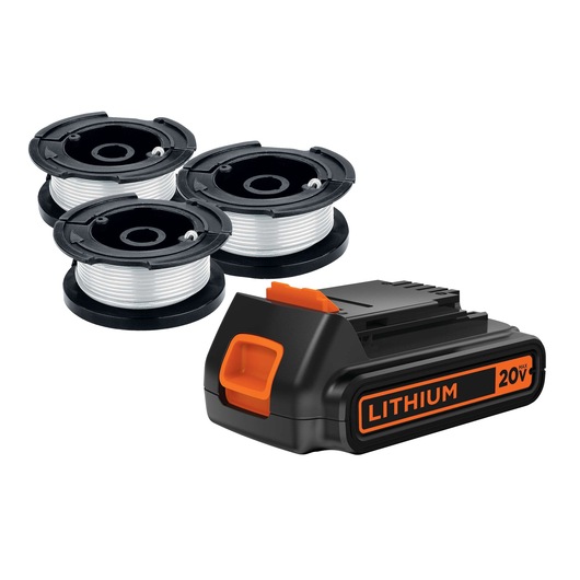 BLACKDECKER LBXR2020-OPES3 set with 20V lithium battery and three trimmer line spools, front angle, white background.