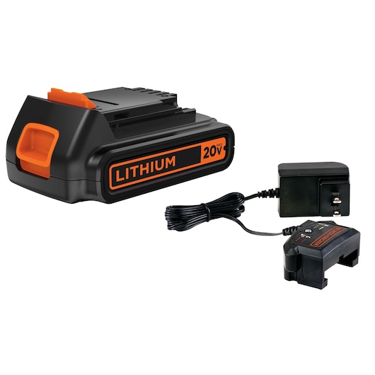 BLACKDECKER LBXR20CK 20V lithium battery with charger set, black and orange, product on white background, side angle.