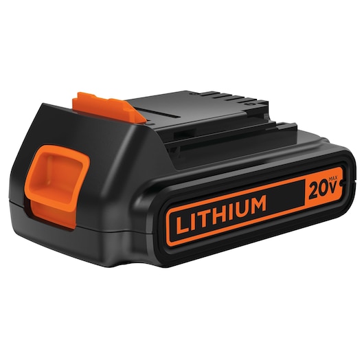 BLACKDECKER LBXR20 20V lithium battery, black and orange, photography, front angle on white background.