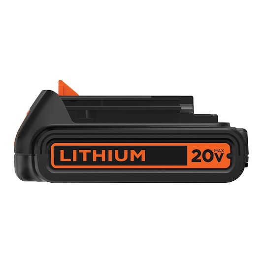 Photo of BLACKDECKER LBXR20 20V lithium-ion battery, black with orange label, side angle on white background.
