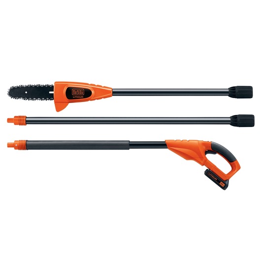BLACKDECKER LPP120 pole saw parts set, orange and black, straight angle, gardening tool.