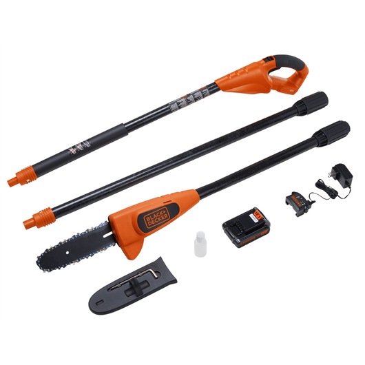 BLACKDECKER LPP120 cordless pole saw kit with orange and black sections, battery, charger, oil bottle, and blade cover, top-down view.