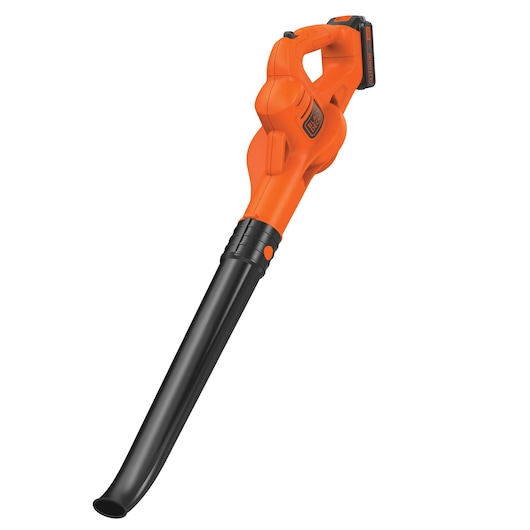 BLACKDECKER LSW221 orange cordless leaf blower, side angle on white background.