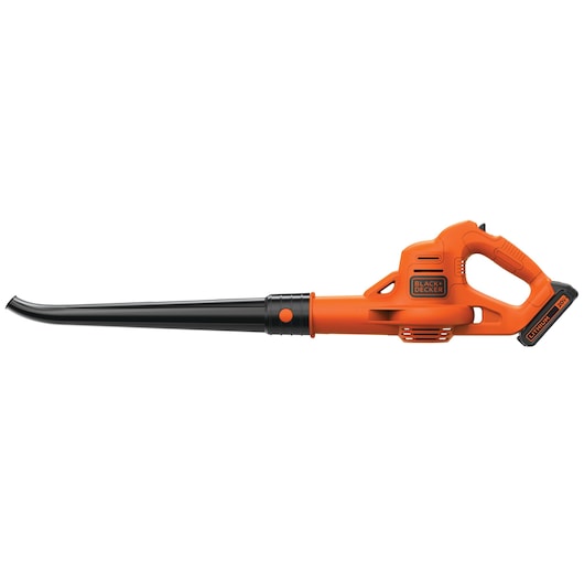 Photo of BLACKDECKER LSW221 cordless leaf blower, orange and black, side angle, on white background.