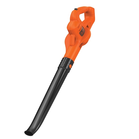 BLACKDECKER LSW221 cordless leaf blower, orange and black, side angle, photography on white background.
