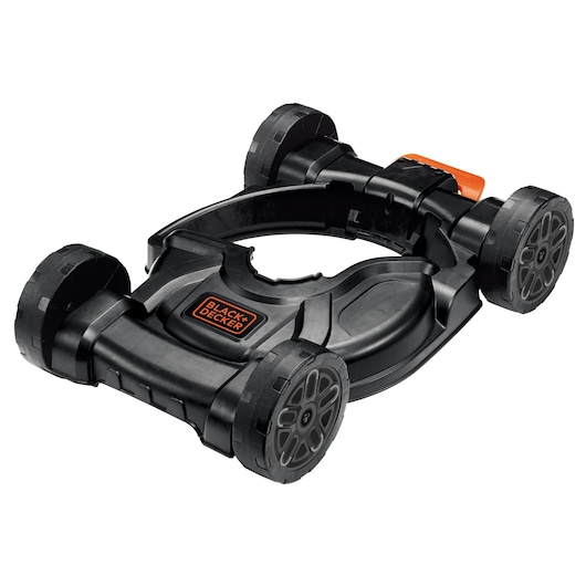 BLACK+DECKER lawn mower base in black, four wheels, side angle, SKU MTC220