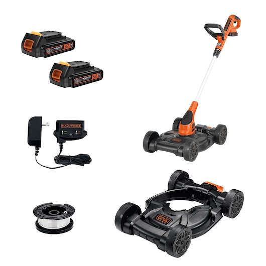 BLACK+DECKER MTC220 cordless lawn mower kit with batteries, charger, spool, and mower base on white background.