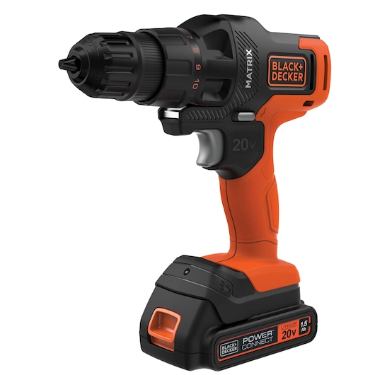 BLACKDECKER MTX20K3B cordless drill in orange and black, side angle on white background.