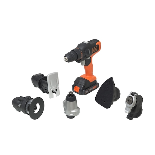 BLACKDECKER MTX20K6A cordless multi-tool kit with orange and black drill and six interchangeable attachments, front angle.