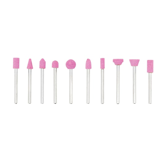 BLACKDECKER RT18KA rotary tool accessory set with 10 pink grinding stones, front angle, white background.