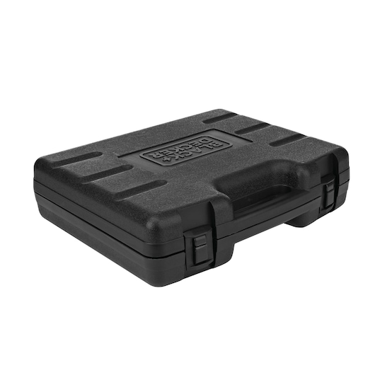 BLACKDECKER RT18KA black hard plastic carrying case, photography, front angle on white background.