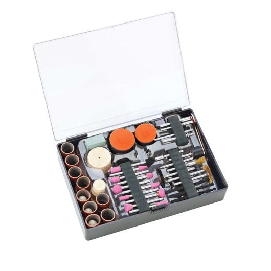 BLACKDECKER RT18KA rotary tool accessory kit with assorted grinding, sanding, and polishing bits, top view.