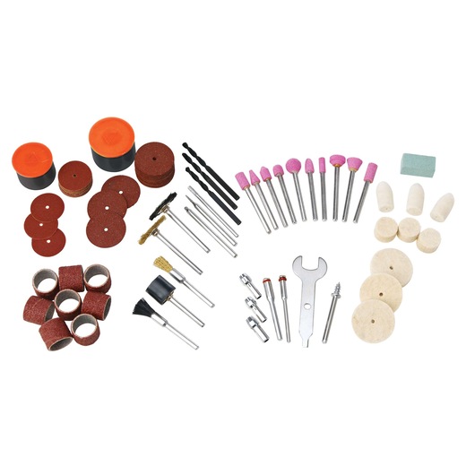 BLACKDECKER RT18KA rotary tool accessory kit, assorted sanding, grinding, polishing parts, top angle.