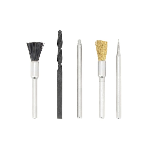 BLACKDECKER RT18KA accessory set with drill, brushes, and bits on white background, front angle