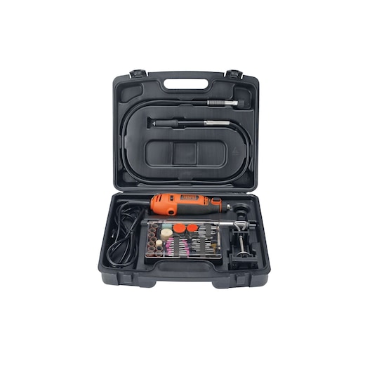 BLACKDECKER RT18KA rotary tool kit with accessories in black hard case, front angle.