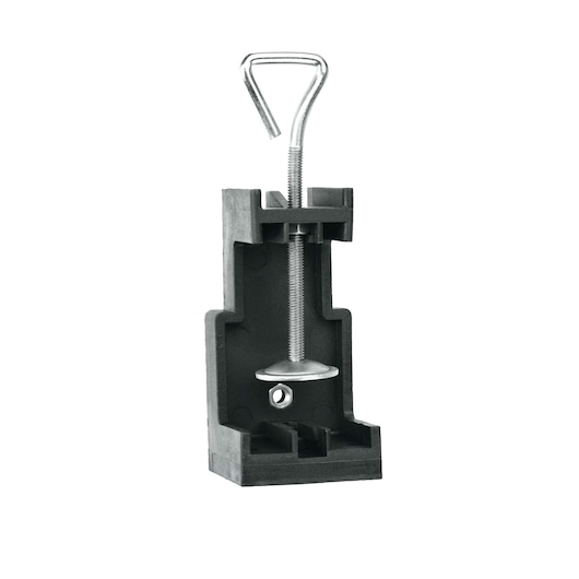 BLACKDECKER RT18KA black clamp accessory, side angle, with metal screw and handle.