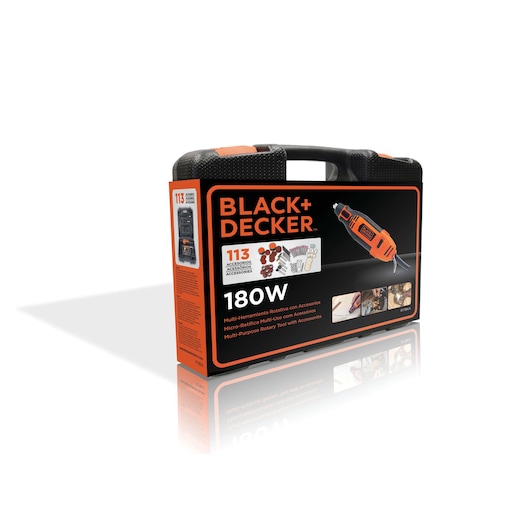 BLACK+DECKER RT18KA multi-purpose rotary tool kit, 180W, 113 accessories, front left angle, black and orange case.