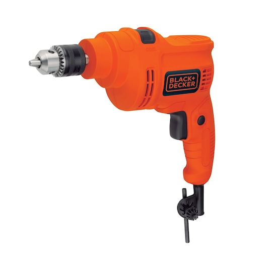 Photo of BLACK+DECKER TP550 orange corded electric drill with key chuck, right side view on white background.