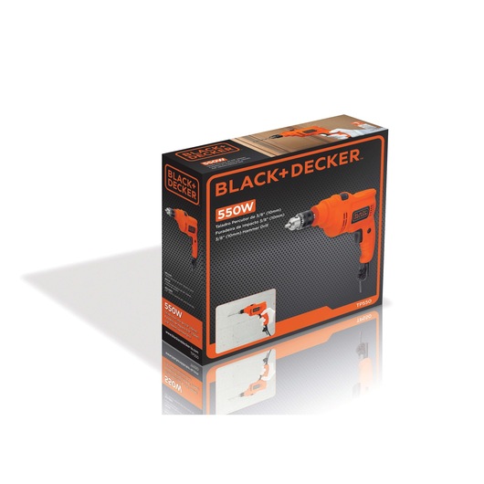 Box of BLACK+DECKER 550W 5/8 inch (10mm) hammer drill, model TP550, with an orange and black design showing the drill and usage instructions.