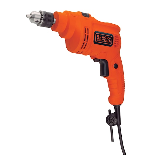 BLACKDECKER TP555 orange corded electric drill, side angle, visible chuck and key.