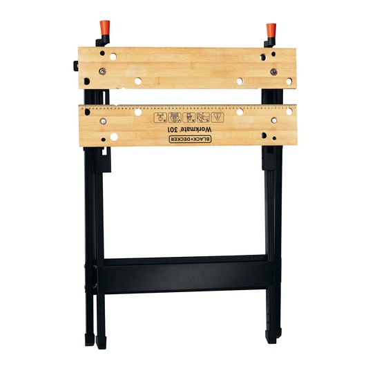 Photo of BLACK+DECKER WM125 folding workbench with wooden top, black metal legs, and front angle on white background.