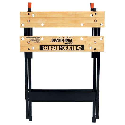 Photo of BLACK+DECKER WM125 portable workbench with wooden top and black foldable frame, front angle.